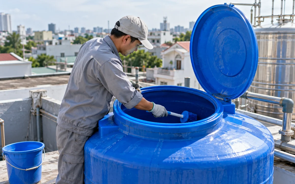 Vệ sinh bồn nhựa PE trên mái nhà