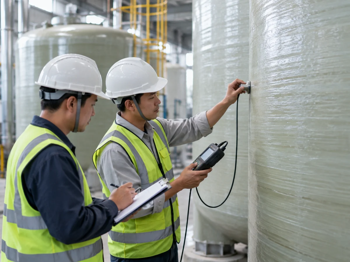 Kỹ sư Việt Hưng kiểm tra độ dày bồn composite